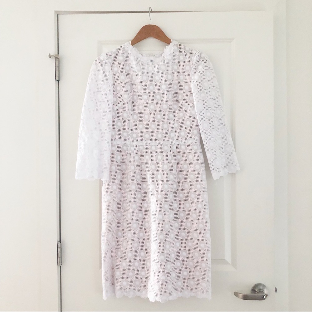 VTG Daisy Floral Eyelet Mod Sheath Dress Wedding High Neck Long Sleeves